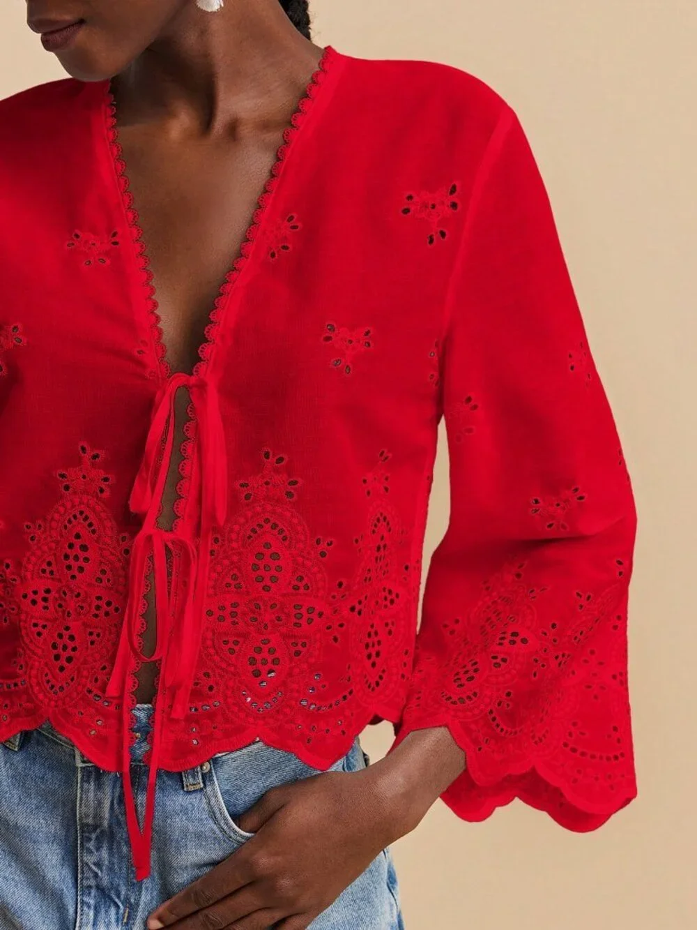 Red Casual Women's Deep V Neck Woven Blouse With Flare Sleeves